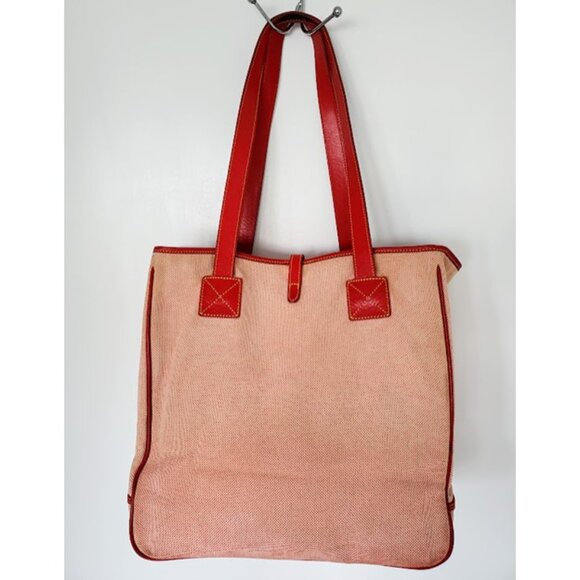 Dooney & Bourke Large Red Tweed Canvas Carry-All Tote Leather Handles & Accents - Picture 3 of 15